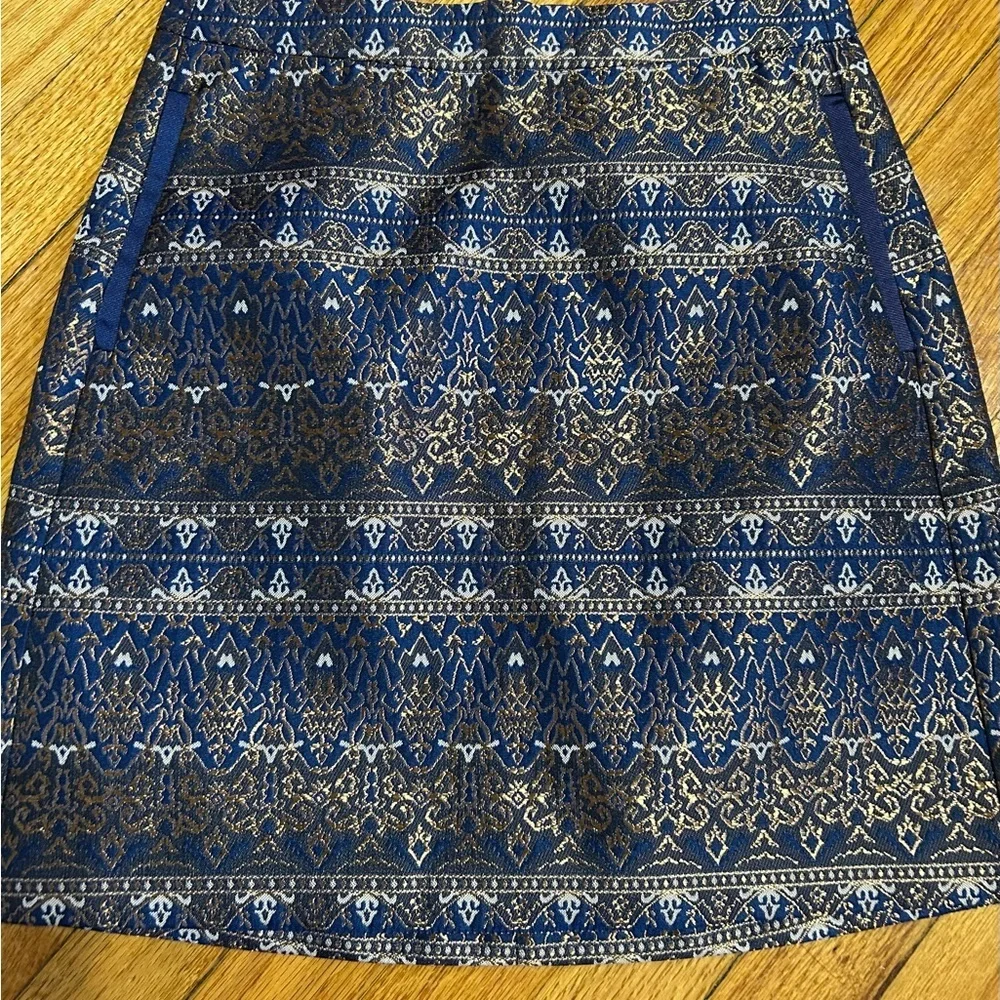 Massimo Dutti Mini Skirt Navy Blue Bronze Gold Metallic Jacquard Size 4
